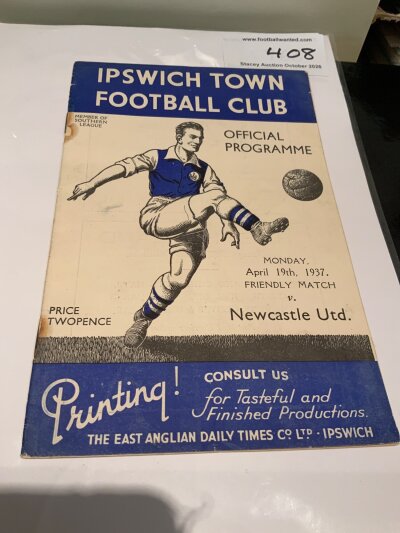 36/37 Ipswich Town Home Football Programmes: Friendly match v Newcastle, Southern 
Eagle v Newport and an FA Cup preliminary round v Eastern Counties of Lowestoft. Mixed conditions. (3)