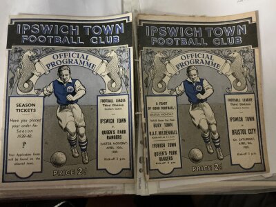 38/39 Ipswich Town Home Football Programmes: 16 league matches to include Bristol Rovers Notts  County Port Vale Newport Torquay Orient Walsall QPR Bristol City Watford Brighton Swindon Mansfield Exeter Northampton. 3 FA Cup v Street Torquay and Aston Villa. C/W Aston Villa Hospital Cup. Very good. (20)
