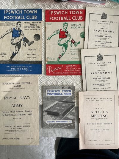 Football Programmes Of Matches At Ipswich Town: 36/37 Southern League v Cheshire League, 45/46 Royal Navy v The Army, 49/50 England v The Rest, 1952 1956 Athletics, 59/60 Gt Britain v Caribbean FA. Very good.