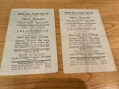 Ipswich Town 45/46 Home Football Programmes: Excellent condition League Cup South matches v QPR and Notts County. 4 pagers have no team changes. (2)