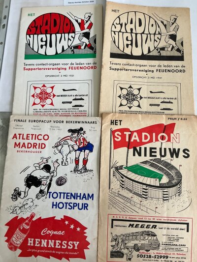 Tottenham European Final Football Programmes: Stadium and official version of 1963 ECWC final in Holland v Athletico Madrid. C/W colour and black and white version of 1974 final v Feyenoord. Very good. (4)