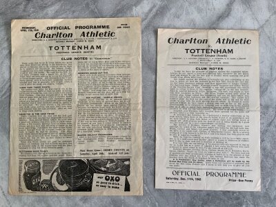 1940s Tottenham Away Football Programmes: Charlton 43/44 45/46, Fulham 35/36 45/46, Brentford 44/45, 45/46 league + cup, Chelsea 43/44 45/46. Good. (9)