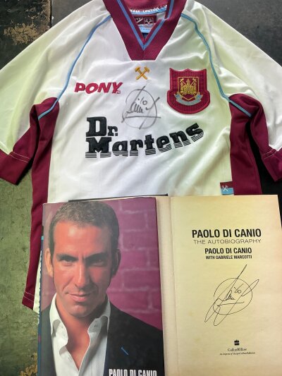 Di Canio West Ham Signed Football Book + Shirt: Autobiography and kids sized shirt from 98/99 both hand signed without dedication. (2)