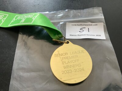 Enfield 2023 - 2024 Play Off Winners Medal: Senior league Premier Play Off winners medal on lanyard. One side is Isthmian Football League emblem the other is detailed stating Play Off Winners.