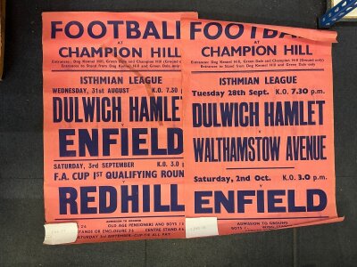 Enfield 1960s Football Match Advertisement Posters: Measuring 29 x 20 inches advertising mainly Isthmian League matches at Champion Hill Ground (6). C/W smaller later posters advertising matches v Tottenham plus a joint Southend + QPR, Orient + Charlton. C/W an away match at Bishop Auckland. FA Cup 3rd round v Crystal Palace. Total of 11 posters.