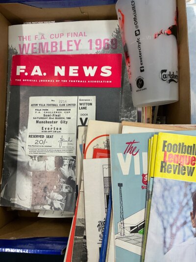 Football Memorabilia Box: Programmes magazines and ephemera to include 1969 FA Cup semi final ticket Man City v Everton with song sheet and Magazine for 1969 final. Instructions to sell.
