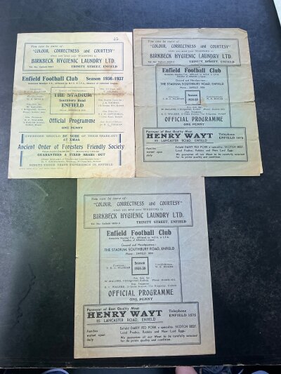 1930s Enfield Home Football Programmes: 36/37 v London Welsh, 38/39 Sutton Utd, Barnet. Overall fair. (3)