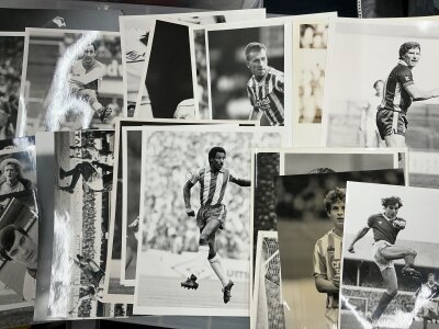1980s Football Press Photos: Various teams and sizes with press stamps to rear. Black and white action and individual players. (210)