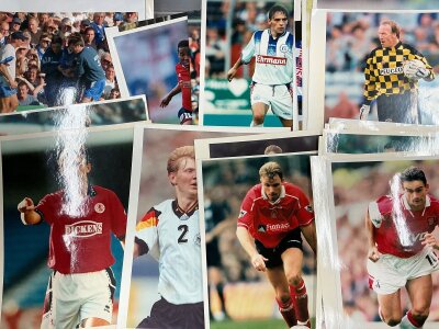 1990s Football Press Photos: Various teams and sizes with most having press stamps to rear. Colour photos which are mainly individual players with some running into the early millennium. (250)