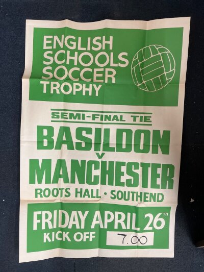 Southend United Roots Hall 1970s Football Posters + More: 1974 Manchester Schools v Basildon Schools semi final and 1973 Basildon v East London schools final. 1973 match has a large advertising poster 4 programmes and a ticket and the 1974 has an even larger poster and a programme. Nice items.
