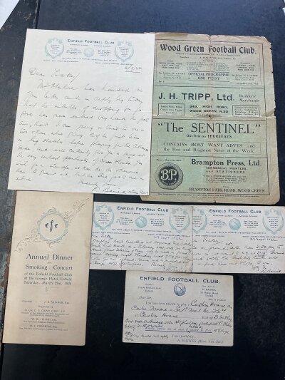 1920s Enfield Football Memorabilia: Annual dinner and smoking concert at the George Hotel in 1925, 3 invitation to play cards from 1922 with a letter to player. C/W away programme v Wood Green in the Amateur Cup which is tatty and a good condition home programme from 1927 v Barking Town. (7)