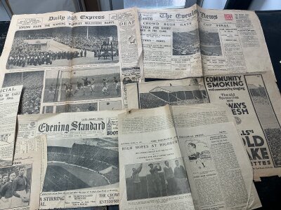 Football + Historical Moments Football Newspapers: 1927 FA Cup final Cardiff v Arsenal to include cuttings, Sunday Graphic papers from 46/47 covering football. There are original papers covering VE Day, Monty crosses the Rhine, Kennedy assassination, Churchills death and more.