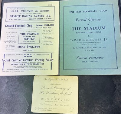 Enfield 1936 Stadium Opening Football Programmes: First (VIP) match programme v Walthamstow Avenue with ticket that includes luncheon at the Southbury Road Stadium. C/W what we believe two weeks prior to official opening the last game played prior to the opening. (3)