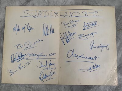 Sunderland 1973 FA Cup Final Fully Signed Menu: Large menu signed in 1973 by all 11 winning 1973 players plus substitute Young and manager Bob Stokoe and additionally a couple of others including Mick McGiven. Small crease to the Selsdon Park Hotel menu with nice clear of the day signatures. Please note Sunderland stayed at this hotel in Croydon in the lead up to the cup final v Leeds. Nice item.