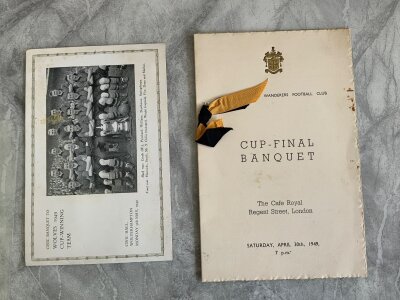 Wolves 1949 FA Cup Final Football Menus: Held in London the evening of the win over Leicester with 6 autographs to rear including Williams and Crook. C/W civil banquet menu held 9 days later at the Civil Hall Wolverhampton. (2)
