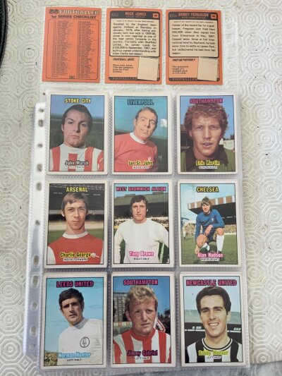 A + BC Complete Orange Back Football Cards: All 84 cards including check list which has pencilled ticks. There are a further 68 cards from the later orange back series including 2 marked tick lists. Very good. (152)