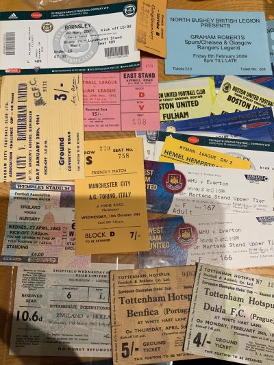 Football Ticket Collection: 60/61 Birmingham v Rotherham FA Cup, 61/62 Tottenham v Benfica + Dukla, Manchester City v Torino, 62/63 Football League v Italian League at Arsenal and some modern tickets.