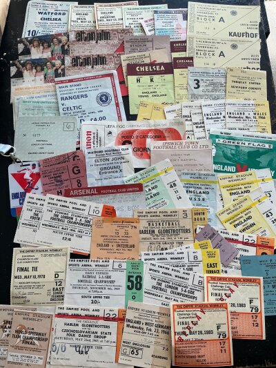 Football Ticket Collection: Must view to include a 1980 Euros match, 67/68 Cologne v Liverpool x 2, 1978 European Cup Final, 65/66 Torquay v Newport, London 5 a sides, England Internationals including v Young England, FA Cup finals and more. There are other sports and even concert tickets for Elton John Rolling Stones etc.