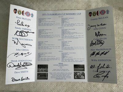 Glasgow Rangers 1972 ECWC Winners Fully Signed Football Display: Large card featuring all the rounds and match details through to the final in Barcelona where they beat Moscow Dynamo. Each of the winning team has hand signed in the correct position next to their name. Lovely item to include goalscorers Stein and Johnson.