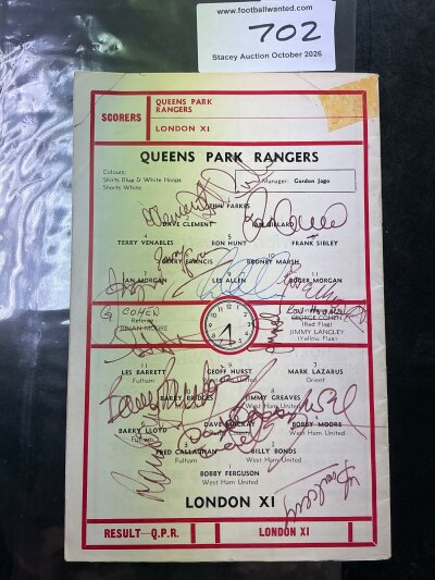 Les Allen 1971 QPR Signed Football Programme: QPR v London X1 rear team page signed by many players from both teams. Autographs include Bobby Moore Ron Boyce Les Allen Dave Clement Ian Gillard Barry Bridges Roger Morgan Dave Mackay and others.