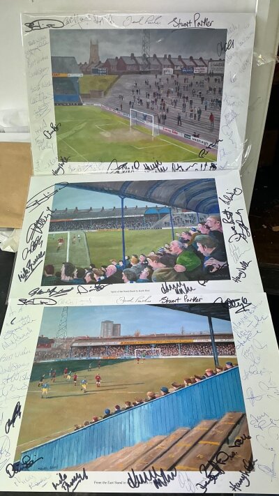 Southend United Multi Signed Roots Hall Artwork: 3 lovely prints depicting depicting different views of the stadium with around 20 autographs of players that graced the stadium which were obtained by vendor himself. Approximately 16 x 12 inches. (3)
