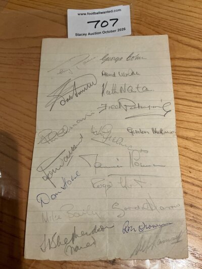 England 1964 Football Autograph Page: Obtained by George Cohen. Lined page signed by most in pencil to include Ramsay and Shepherdson. Players include Cohen Pickering Milne Greaves Hunt Bailey Howe Smith Paine Norman and a few others.