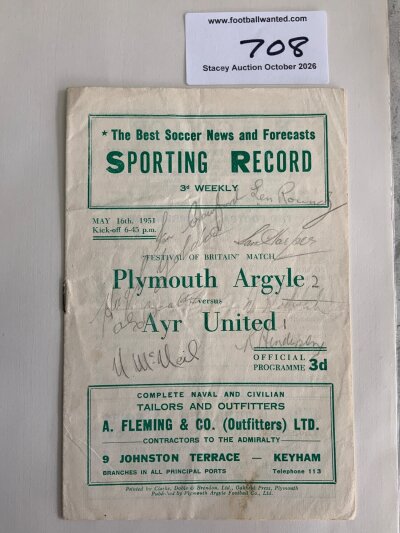 50/51 Plymouth v Ayr Utd Signed Football Programme: Festival of Britain match signed to cover in pencil by 9 and on team page by 12.