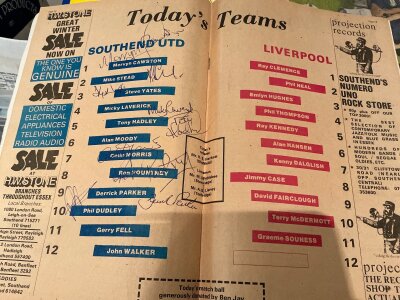 Southend United signed football publications: Includes 1978-79 FA cup programme v Liverpool signed by 10. Signed A4 sheets from 2000-01 2009-10 and 2011-12. CW large signed newspaper team groups from 2007-08 and 2012-13. (6)