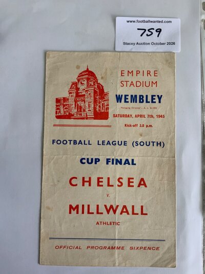 1945 FA Cup Final Football Programme: Chelsea v Millwall at Wembley in good condition with no team changes. Fold.