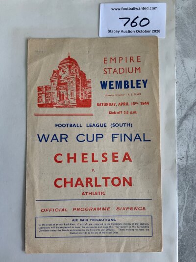 1944 FA Cup Final Football Programme: Chelsea v Charlton at Wembley in very good condition with no team changes.