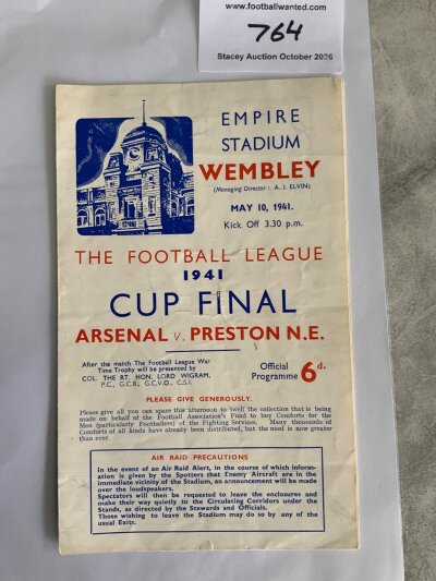 1941 FA Cup Final Football Programme: Arsenal v Preston at Wembley in very good condition with no team changes although there is writing to team page.