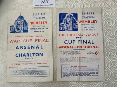 Arsenal War Cup Final Football Programmes: 1941 v Preston with no team changes but does have folding plus 1943 v Charlton which has team changes and fold. (2)