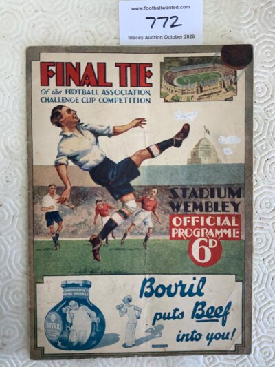1932 FA Cup Final Football Programme: Arsenal v Newcastle United which has staples removed. No team changes and overall good. Light fold and couple of pen marks to cover covered with tippex.