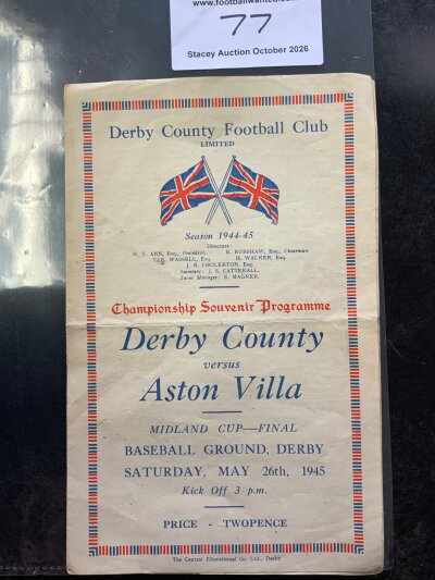 1945 Derby v Aston Villa Midland Cup Final Football Programme: Good condition 4 pager with no team changes dated 26 5 1945 played at Derby. Fold.