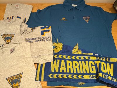 Warrington Wolves Rugby League Memorabilia: 4 unused t shirts in various sizes, flag, scarf and a polo shirt all from the mid 90s. Instructions to sell.