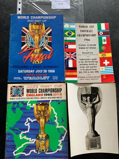 1966 World Cup Final Football programmes: Original very good condition 1966 England v West Germany programme with no writing, tournament programme, press photo of Jules Rimet trophy and an Evening Standard booklet.