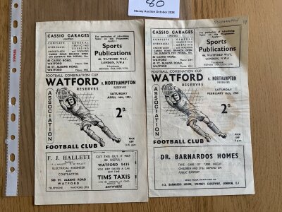 Watford v Northampton Reserve Football Programmes: 50/51 Good and 51/52 with stain and writing. Both combination cup matches. (2)
