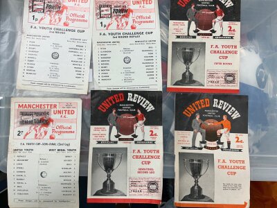 Manchester United Home Youth Cup Football Programmes: Semi Finals v 55/56 Bolton, 59/60 Preston, 68/69 West Brom. C/W 59/60 Stoke, 72/73 Leicester + Newcastle. Fair/good with tokens present.