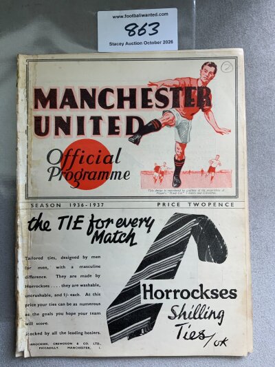 1936 - 1937 Manchester United v Huddersfield Town Football Programme: Fair condition ex bound with covers division one programme with no writing. Split on spine.