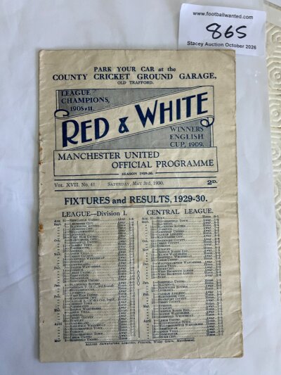 1929 - 1930 Manchester United v Sheffield United Football Programme: Fair/good condition 8 page league match with rusty staples holding firm. Pencilled score to team page.