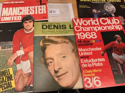 Manchester United Football Publications: Includes Parnell pull out poster number 1 1970 featuring George Best to front. 1968 Champions of Europe and World Club Championship souvenir, 1963 Denis Law brochure by Interspan. C/W programme for 1962 Amsterdam away. Good. (6)