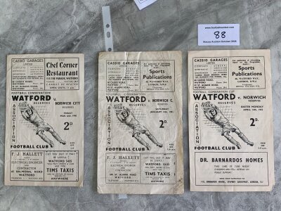 Watford v Norwich City Reserve Football Programmes: Good condition Football Combination matches for 47/48 , 50/51 creasing and 51/52 Combination Cup. (3)