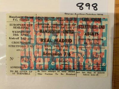 1968 European Cup Semi Final Football Ticket: Complete ticket for Manchester United v Real Madrid with counterfoil still intact. Excellent condition.