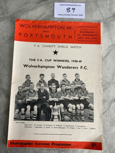 1949 Pirate Charity Shield Football Programme: Wolves v Leicester produced by Walker in good condition with no team changes. Fold.