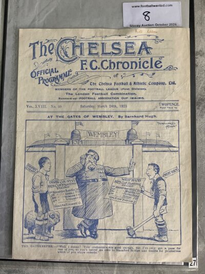 1923 FA Cup Semi Final Football Programme: Derby County v West Ham in good condition with no team changes. Played at Chelsea with West Ham winning and playing at the first Wembley final. The word not seen discreetly written with a bit of creasing.