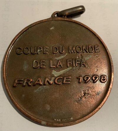 1998 World Cup Football Medal: Awarded to Gary Neville of Manchester United made by Bertoni with only 30 made for each team. These medals do not often come up the last we remember was for a Croatian player in 2018. This would have originally come with red white and blue (France) ribbon which is not present.
