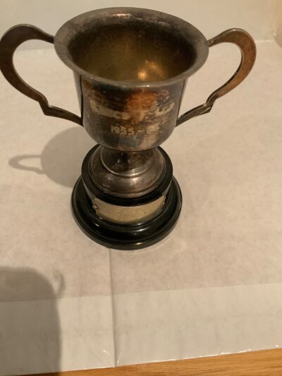 Alec Dawson Manchester United Lancs Cup Winners Trophy: Small cup with A Dawson to plaque awarded for winning the Lancs Cup in 55/56.
