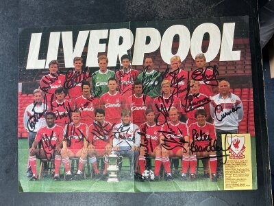 Liverpool Photos + Signed Football Picture: Over 100 large photos some with press stamps from the 80s onwards. C/W double page magazine picture of the 1989 FA Cup winning squad which is hand signed by 19 including Dalglish Barnes Beardsley Rush and others.