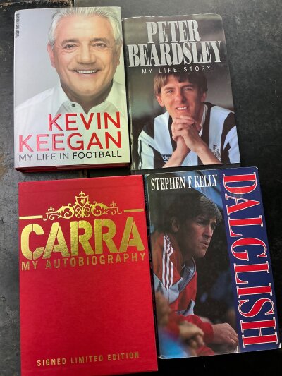 Liverpool Signed Football Books: Hardback books of Dalglish Carragher Keegan all undedicated and a dedicated book from Beardsley. (4)