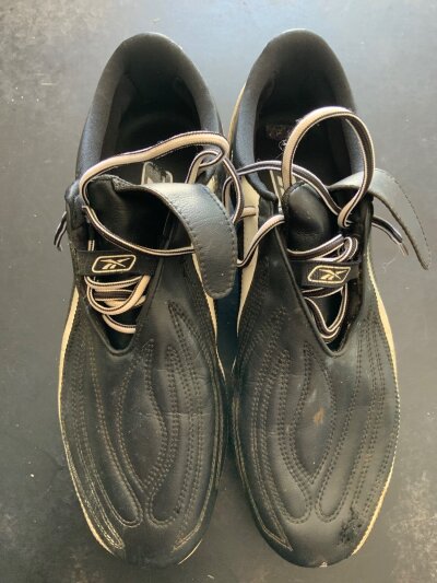 Dudek Liverpool Match Worn Football Boots: Reebok black and white boots with number 1 written to heel of both boots. From reputable source.